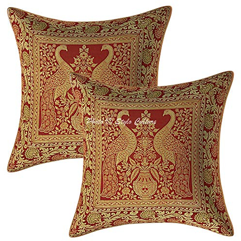 Stylo Culture Indio Fundas para Almohadones Decorativos 40x40 cm Brocado De Seda Pavo Real Fundas Cojines Silla Granate 16x16 Inch Jacquard Cuadrado Cremallera Fundas Cojines Sofa - 2 Pcs