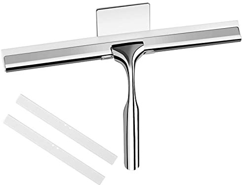 Telgoner Duschabzieher, Abzieher Dusche Edelstahl, Fensterabzieher mit 2 Silikon Wischlippe, 25cm Duschwischer mit Wandaufhänger Ohne Bohren für Badezimmer, Küche, Fenster und Auto Glas Reinigung