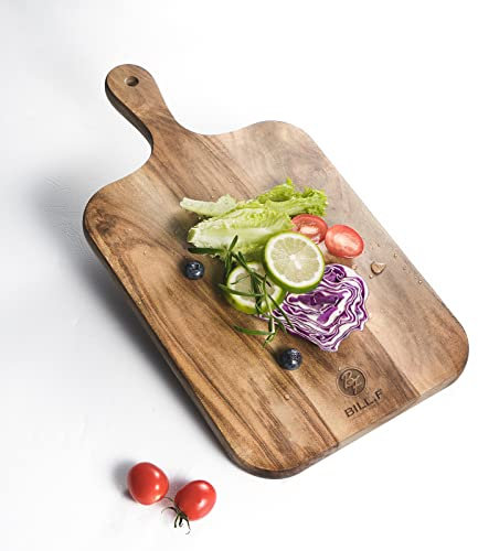 Bill.F Grande planche à découper en bois d'acacia avec poignée et suspension en coupe naturelle rustique Env. 41 x 22 x 1,8 cm