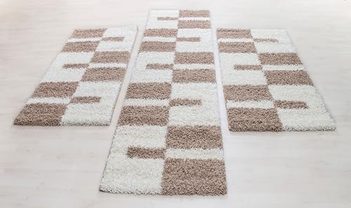 Carpettex Bettumrandung Schlafzimmer 3teilig Shaggy Teppich Hochflor Kariert Design Beige Bettset:2 mal 80x150 + 1 mal 100x200 - Bettvorleger Schlafzimmer Läufer Set Flauschiger Bettumrandung Teppich