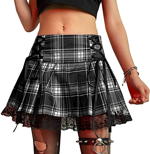 SEAUR Gonna gotica da donna nera corta, punk, minigonna steampunk, per cosplay, party, club, a vita alta, a linea A, con pizzo, pieghe - S M L XL, M
