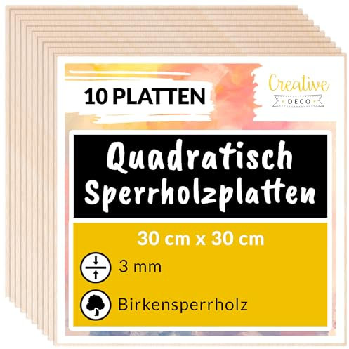 Creative Deco 10 Quadratische Sperrholzplatte 3mm | 300 x 300 (+/- 2) mm | Birkensperrholz Dünne Holz-Zuschnitte | Perfektes Blatt für Laubsäge Brandmalerei Laserschnitt CNC Router Durchbrochenes