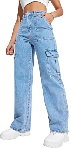 Flvsun Pantaloni Cargo da Donna a Vita Alta Larghi Cargo Jeans a Gamba Dritta Y2K Streetwear Pantaloni 6 Tasche per Donne Adolescenti Ragazze., Azzurro 02, XS