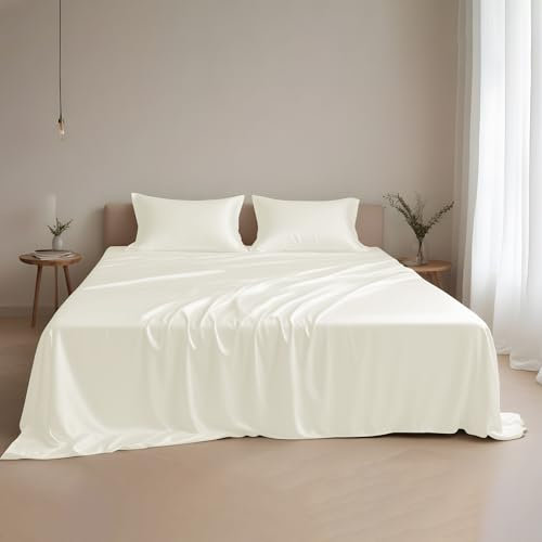 LINENWALAS 100% Tencel Lyocell Sheet Set Double Size, Premium Luxury Silk Sheet Set 1 Fitted Bed Sheet, 1 Flat Sheet and 2 Pillowcases (Ivory/Off-White, Double)