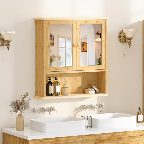 SogesHome Spiegelschrank hängende Medizinschrank aus Bambus Lagerung mit Tür und offenem Regal Wandmontage Schrank für Badezimmer über Toilette Badezimmerschrank