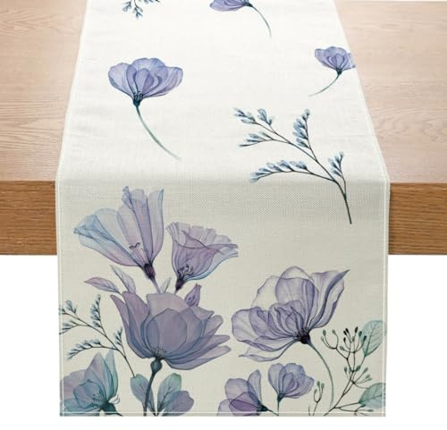 Avoik Tischläufer Mode Mohnblumen Tischläufer Lila Frühling Sommer Wohnzimmer Abstrakt Tischdecke Leinen rutschfest Tischband Küche Tisch Dekoration für Esszimmer Party Drinnen Urlaub 33x180cm
