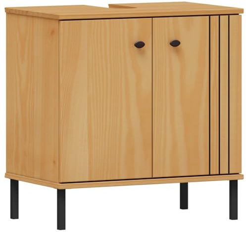 Lomadox Waschbeckenunterschrank Massivholz Badezimmer Unterschrank Badschrank Kiefer massiv eichefarbig 2 Türen 62x65x40 cm