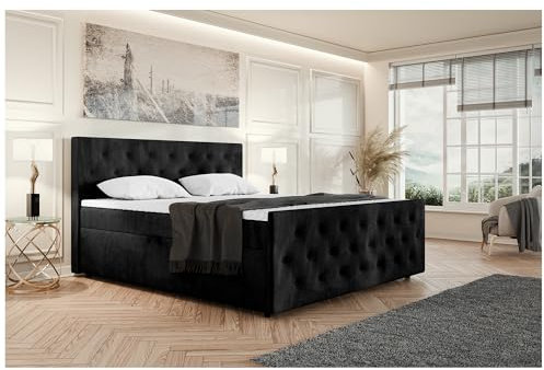 MEBLINI Boxspringbett mit Bettkasten - Gepolstert Doppelbett mit Matratze und Topper - Polsterbett mit Stauraum - Bett mit Kopfteil - Seniorenbett - Pedro - 180x200 - H3P/Schwarz Samt