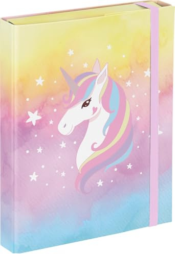 Baagl Heftbox Heftmappe A5 23x17 cm Sammelmappe Kinder - Regenbogen Einhorn | Sammelbox mit Gummizug für Jungen und Innenklappen bietet Schutz für Schulranzen und kleinere Schulhefte aus Karton.