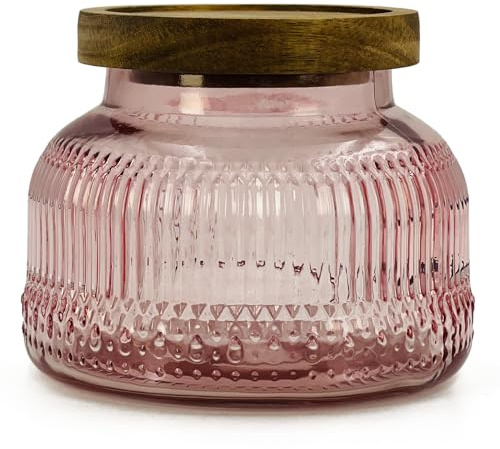 Decorative Pink Glass Jar with Airtight Wooden Lid 40 oz, Ribbed Wide Mouth Vintage Kitchen Food Storage Container for Cookie Candy Honey Flour Spice Coffee Tea, Home Decor Sand Candle Holder Vase