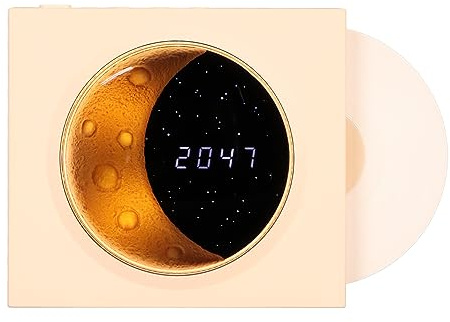 Jiawu Speaker Alarm Clock, Vintage Record Player Style Alarm Clock Radio, MP3 Music Player with Night Light & 1500mA Battery, Bedroom Decor (Yellow)