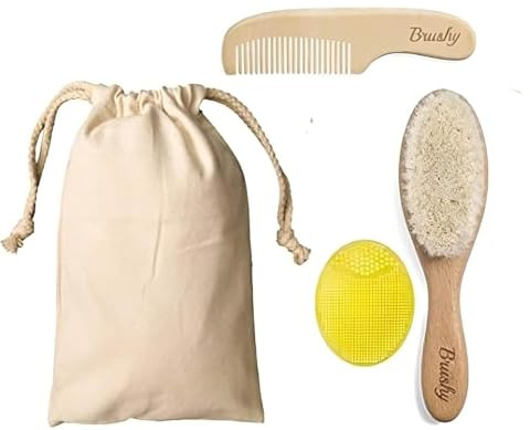 Borstkit för bebisar, borstset, mjuk borst, träkam och silikonborste, set med babyborste, set med bomullspåse