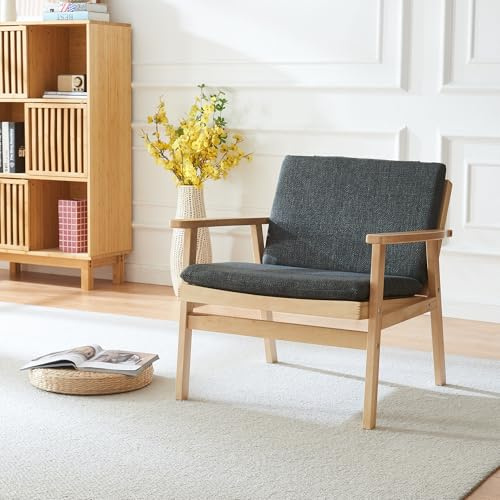 Panana Armchair, Wooden Accent Chair with PE Rattan Backrest, Wood Frame and Padded Seat Cushion & Back for Living Room, Bedroom, Home Office (Natural with Dark Grey Pad)