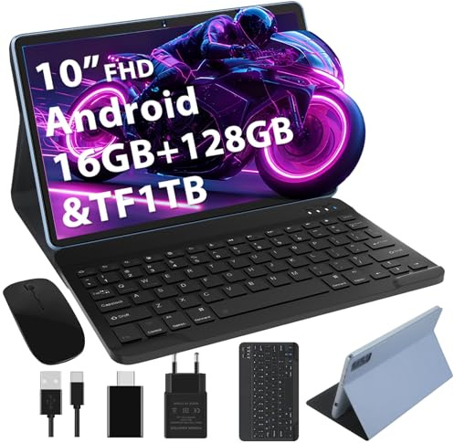 Dghrti Tablette 10 Pouces, 128Go ROM, 8000mAh, Tablet avec étui, Bleu | Tablette Android,Octa-Core 2.0GHz, WiFi 5G/2.4G, BT5.0, GPS, Face ID, Widevine L1, caméra 5+8MP, 2To TF. Écran HD 10.