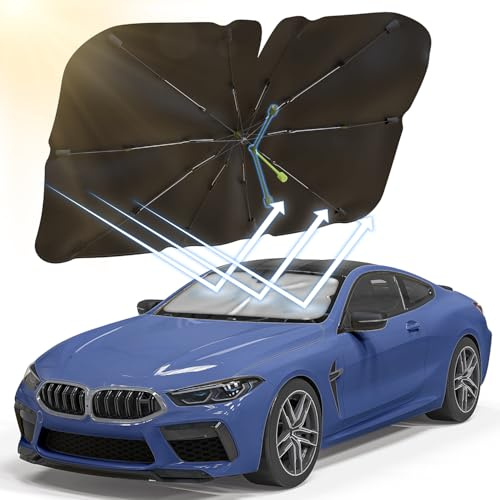OVOISSTIY Pare Soleil Voiture Pare Brise Avant, 140x75cm Rotatif Parapluie Pare Soleil Voiture Protection UV, Pliable Parasols de Voiture pour la Plupart des Voitures, SUV (M)