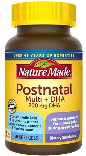 Nature Made Postnatal Multivitamin + DHA 200 mg, Postnatal Vitamins for Women, Includes Iron, Vitamin D3, Calcium, Iodine & More for Breastfeeding Moms, 60 Softgels