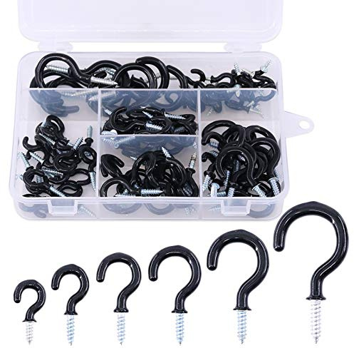Glarks Kit de 100 pièces, 6 tailles, crochets pour tasses en vinyle noirs plaqués, crochets à vis, crochets de plafond, assortiment de crochets pour vêtements pour la maison et le bureau