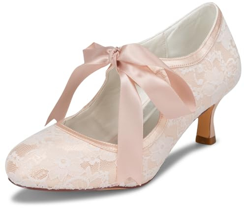 JIA JIA Nuziale 140311 Raso di Pizzo Tacco Basso Punta Chiusa Scarpe da Ballo Pompe delle Donne del Partito Colore Champagne, Taglia 40 EU