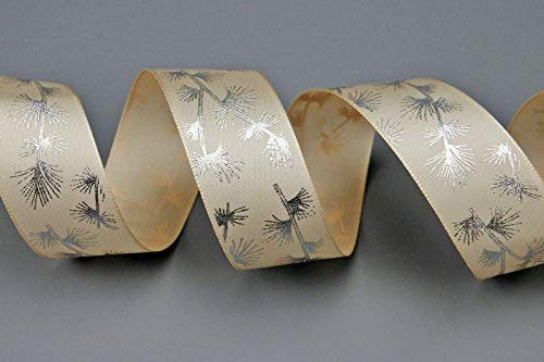 finemark 20 m x 25 mm Dekoband TANNENZWEIG BEIGE Silber Schleifenband Geschenkband Herbst Deko Weihnachten Silver