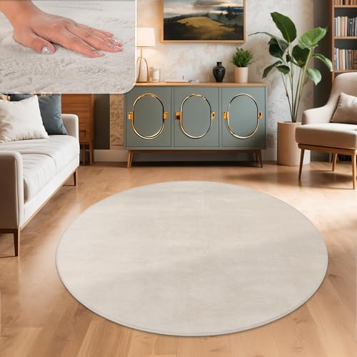 Paco Home Teppich Wohnzimmer Kunstfell weich waschbar modern elegant pflegeleicht Felloptik Uni Seidenglanz flauschig Hochflor, Grösse:120 cm Rund, Farbe:Creme