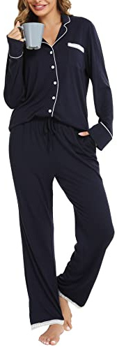 Vlazom Pigiami Due Pezzi Donna, Morbidi Set Pigiama da Donna Scollo a V Maniche Lunghe con Bottoni Set Pigiama da Notte,XXL,A-Blu Scuro