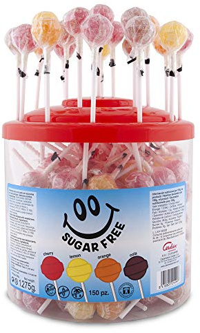 Caramelos Cerdán - Caramelo con Palo sin Azúcar Sabores Variados | Tarro de 150 Unidades | Caramelo Redondo Macizo con Palo sin Gluten ni Alérgenos | Ideal para San Valentín y Cumpleaños