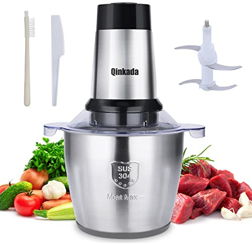 Qinkada Food Processor, 500W Powerful Meat Grinder, 14Cup Stainless Steel Bowl, 3 Speed Modes 4 Bi-Level Blades for Onion, Meat, Nuts, Fruit, Garlic, Vegetable, Baby Food