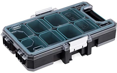 Navaris Modular Storage Organiser Box - Portable Plastic Hardware Box with 8 Compartments for Screws Nails Small Tools Parts - Garage Shed Storage Box, Black,55223.01