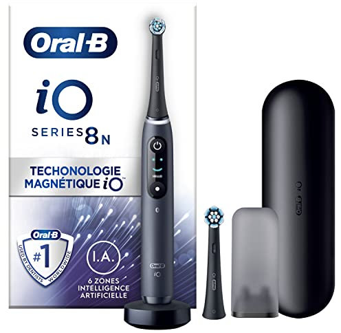 Oral-B iO 8N Elektrische Zahnbürste mit 2 Bürstenköpfen und 1 Reiseetui, entworfen von Braun, originelle Geschenke, Schwarz