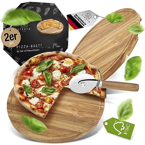 LIKAYA® Planche à pizza/assiette à pizza 'MARIO' set de 2 rondes avec coupe-pizza [⌀35cm de hauteur] en bois d'acacia certifié FSC® pour pizza, gâteaux, snacks et bien plus encore!