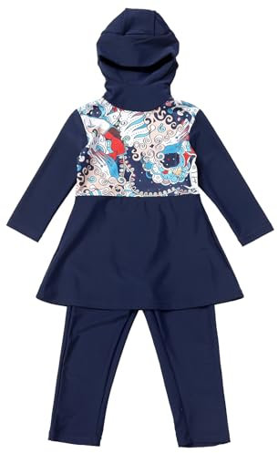 IMEKIS Mädchen Muslimische Bademode Blumendruck Bescheidene Badeanzug Islamische Burkini Schwimmanzug Langarm Badetop mit Hose Hijab 2tlg Kind Tankinis Set Marineblau-Vollkörper 11-12 Jahre
