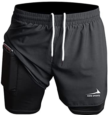 Herren Laufshorts 2 in 1 Shorts Gym Athletic Shorts Outdoor Marathon Workout Trainingsshorts Schwarz 2XL