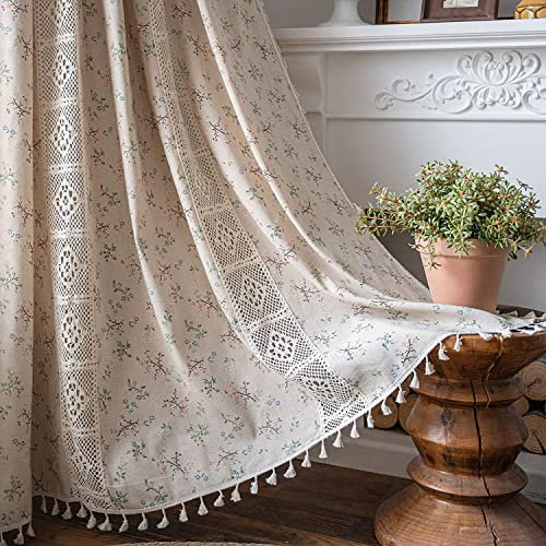 Lanqinglv Beige Vorhänge Boho Blickdicht Blumen Spitze Gardinen mit Quaste Baumwolle Leinen Landhausstil Häkeln Stricken Gardinen Vorhang für Küche Wohnzimmer Schlafzimmer,1 Stück,B150xH160cm