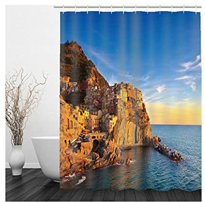 Whoiy Duschrollo Blau, Duschvorhang Ecke 165X180cm Polyester Duschvorhänge Küstenstadt Waschbar Wasserdicht
