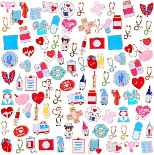 Ceenna 100 Pcs Funny Nurse Enamel Pins Bulk for Backpacks, Cute Heart Stethoscope Ambulance Pill Syringe Lapel Brooches Christmas Nurse Badge Accessories Gift for Registered Doctor Healthcare Medical