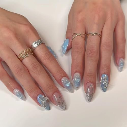 Angwis 24pcs Medium Length False Nails Almond, Blue Ombre Glitter Stick on Nails 3D Rhinestone Star Heart Design Press on Nail Removable Glue on Acrylic Full Cover Fake Nail Art Accessories for Women