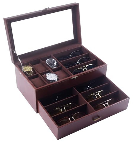 AUTOARK Caja de cuero y terciopelo para 6 relojes y 9 piezas de almacenamiento para gafas de sol y organizador de gafas de sol,Café,AW-178