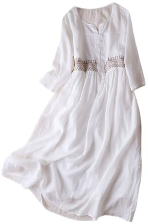 Robe décontractée ample en coton à col rond pour femme, couleur unie, style ethnique, broderie, blanc, XL