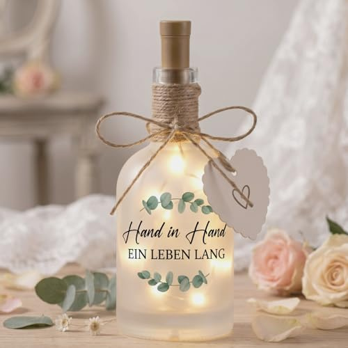 BBTO LED Flaschenlicht Hand in Hand Ein Leben Lang, Hochzeit | Hochzeitsgeschenk für Brautpaar, Geldgeschenk, Geschenk Silberhochzeit, Mit Lichterkette