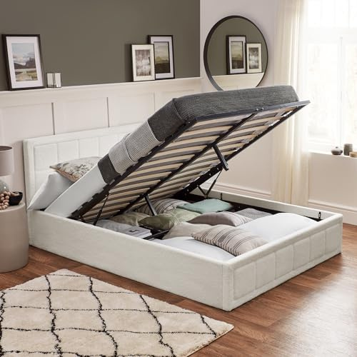 Home Treats Ottoman Bed Frame King Size White 135 x 200cm | Cream Storage Bed 5ft | Upholstered Storage Bed Plush Bouclé Fabric (No Mattress, King Size)