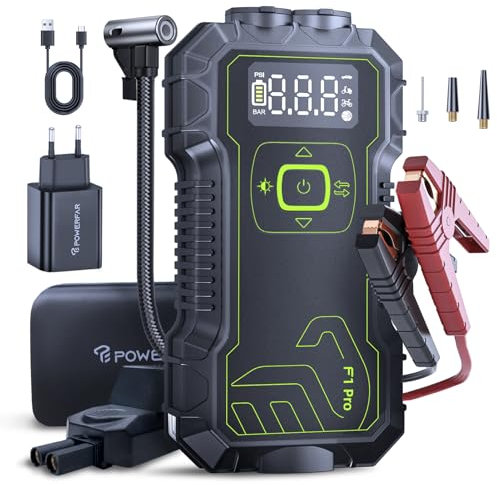 Starthilfe Powerbank mit Luftkompressor 160PSI | 5000A Auto Starthilfe Powerbank 12V für 10.0L Benzin/9.0L Diesel-Motoren | QC3.0 Schnellladung & Verlängerungskabel | LED-Taschenlampe 400 Lumen.