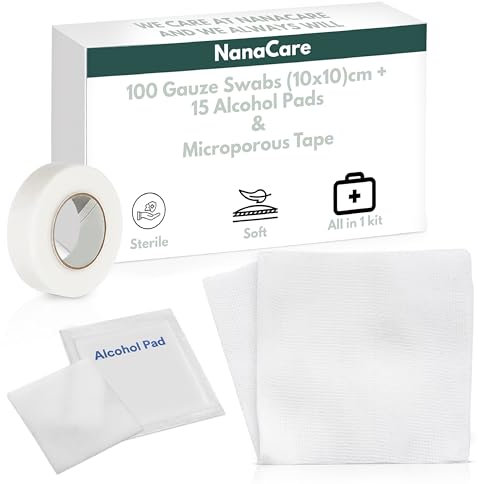 Nanacare Premium Sterile Gauze Pads (10x10cm) x100 with 15 Alcohol Wipes & 1 Roll Micropore Tape - Medical Gauze Swabs for Wound Cleaning |Antiseptic Wipes| First Aid Care | Medical Tape (10 X 10 cm)