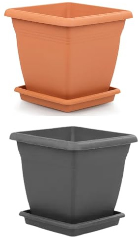 Tamersgifts Square Planter Pots with Trays, Small - Extra Large, (Grey, Large (50cm x Width 50cm x 46.5cm Height))