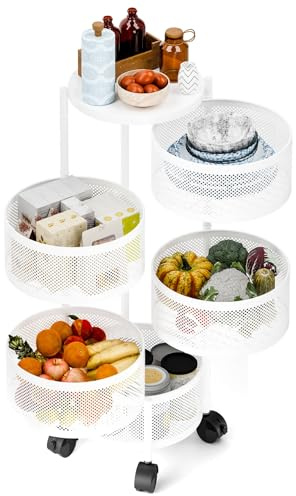 Haloppe Cestino per frutta girevole, carrelli da cucina a 3/4/5 livelli, cestello circolare e verdura, grande scaffale girevole a 360 gradi, con rotelle Bianco Cinque strati