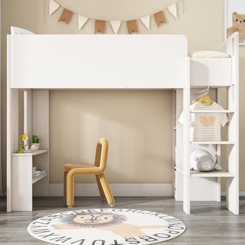 MOBETTRES Hochbett Einzelbett 90 x 200 cm für Kinder, Vielseitiges 3-in-1 Holzbett- Mit Aufbewahrungsfächern, Kleiderschrank, offenen Regaleinheiten und Treppe, Weiß