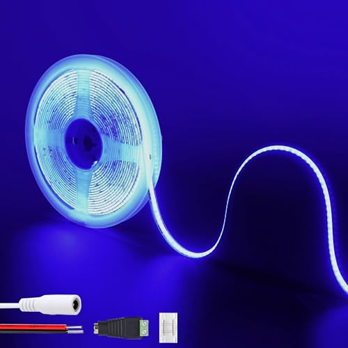 Clearhill 12V COB LED Strip Lights 9.84FT / 3M (Keine Stromversorgung), Blau, 320LEDs / M, mit 5521DC weiblichen und roten und schwarzen Drahtschlüsseln, 8mm Breite, IP20
