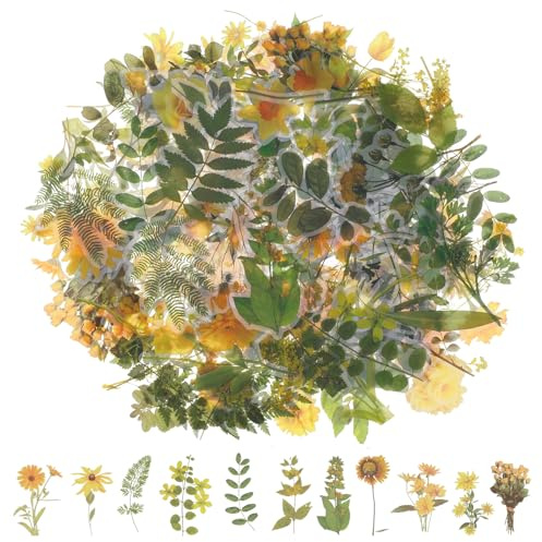 Tyqour 120Pcs Plant Stickers for Scrapbooking Nature Leaf Floral Stickers PET Transparent Waterproof Aesthetic Sticker Scrapbook Supplies Kit for Junk Journal Planner Laptops