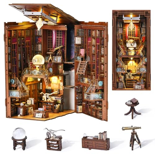 MiniCity Book Nook Kit, DIY Miniatur Puppenhaus Booknook Kit, 3D Holzpuzzle Buchstütze Bücherregal Einsatz Dekor mit LED-Licht und Staubschutz für Teenager und Erwachsene (Beyond Library)