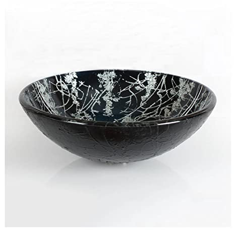 CAFIEDR Waschbecken fürs Badezimmer, handbemalt, silbernes Waschbecken aus gehärtetem Glas, Kunstwaschbecken, rundes Aufsatzwaschbecken fürs Badezimmer, 41,9 x 41,9 cm