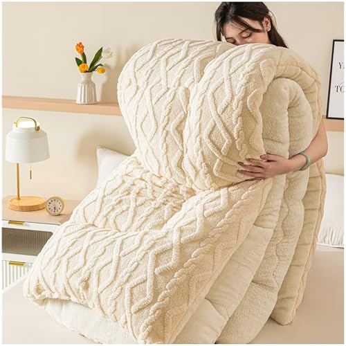 BDMFJY Piumino Invernale, Trapunta Cashmere di Agnello Invernale, Coperta Calda Ispessita Peluche, Trapunta Singola Matrimoniale, Trapunta in Velluto e Lana Agnellata,Beige,150x200cm/2.5kg